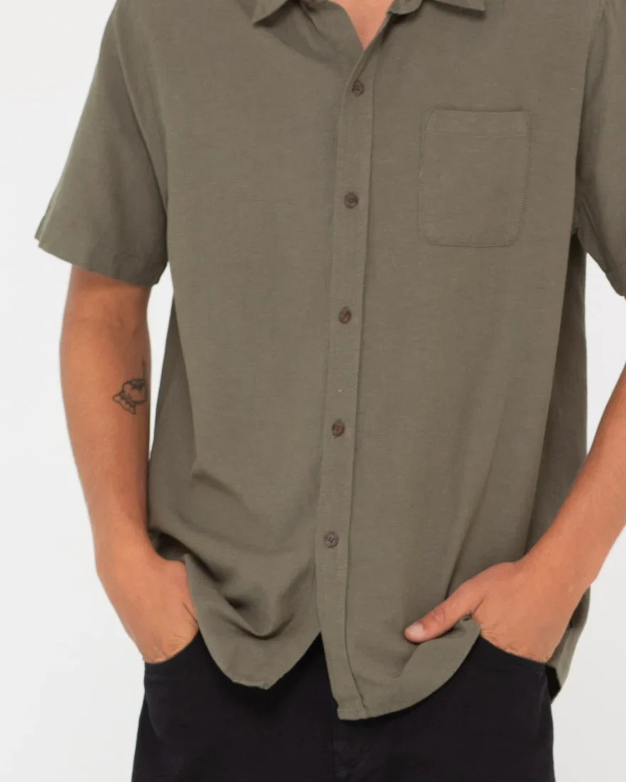 RUSTY Overtone Short Sleeve Linen Shirt - Shadow Army - Image 6