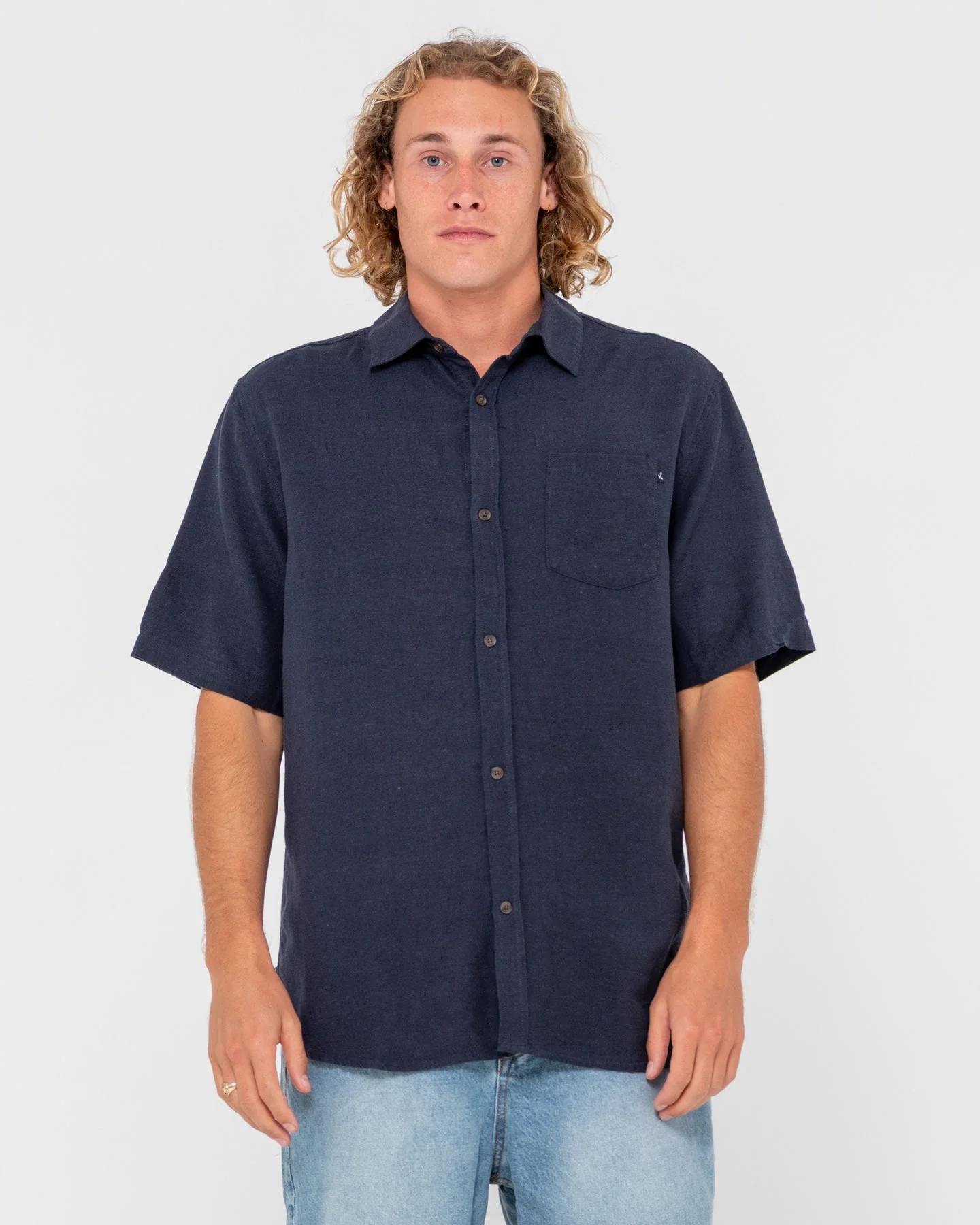 RUSTY OVERTONE SHORT SLEEVE LINEN SHIRT - Navy Blue - Image 2