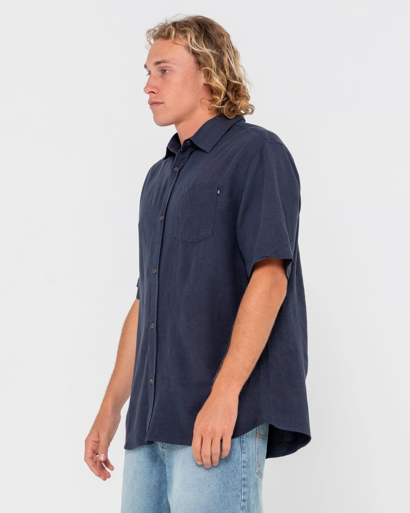 RUSTY OVERTONE SHORT SLEEVE LINEN SHIRT - Navy Blue - Image 4