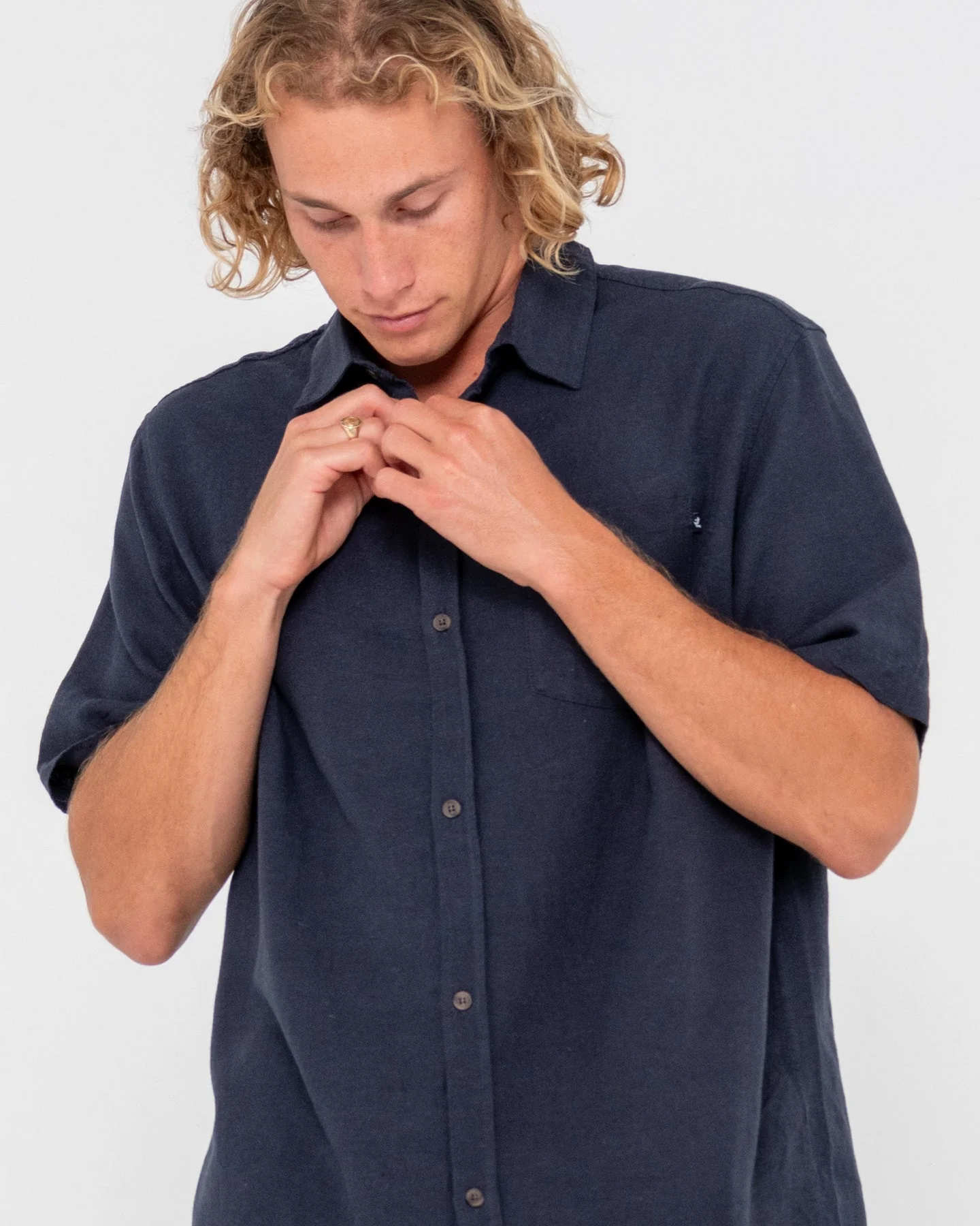 RUSTY OVERTONE SHORT SLEEVE LINEN SHIRT - Navy Blue - Image 5