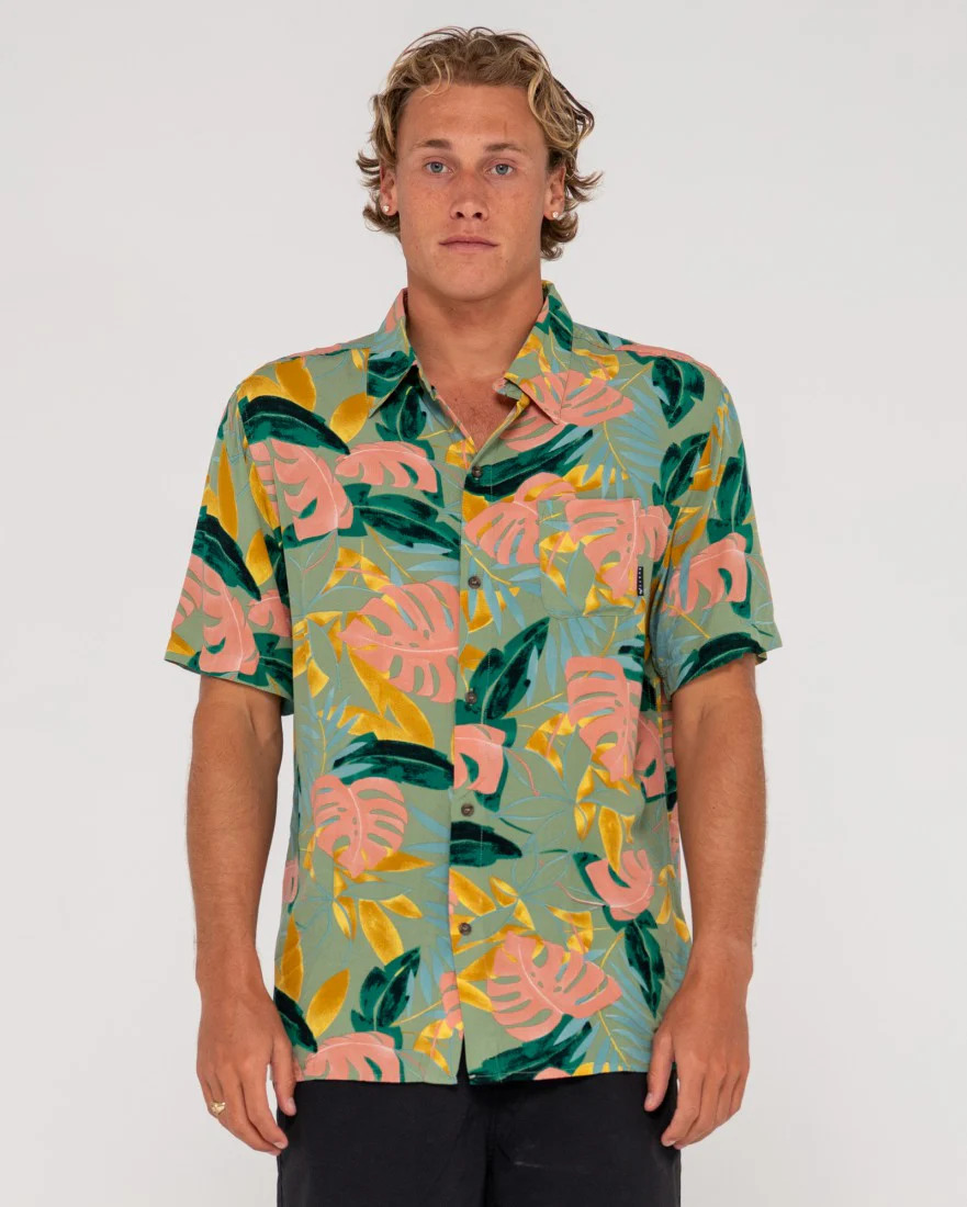 RUSTY Pastel Paradise Relaxed Fit Short Sleeve Shirt - Army Green - Image 2
