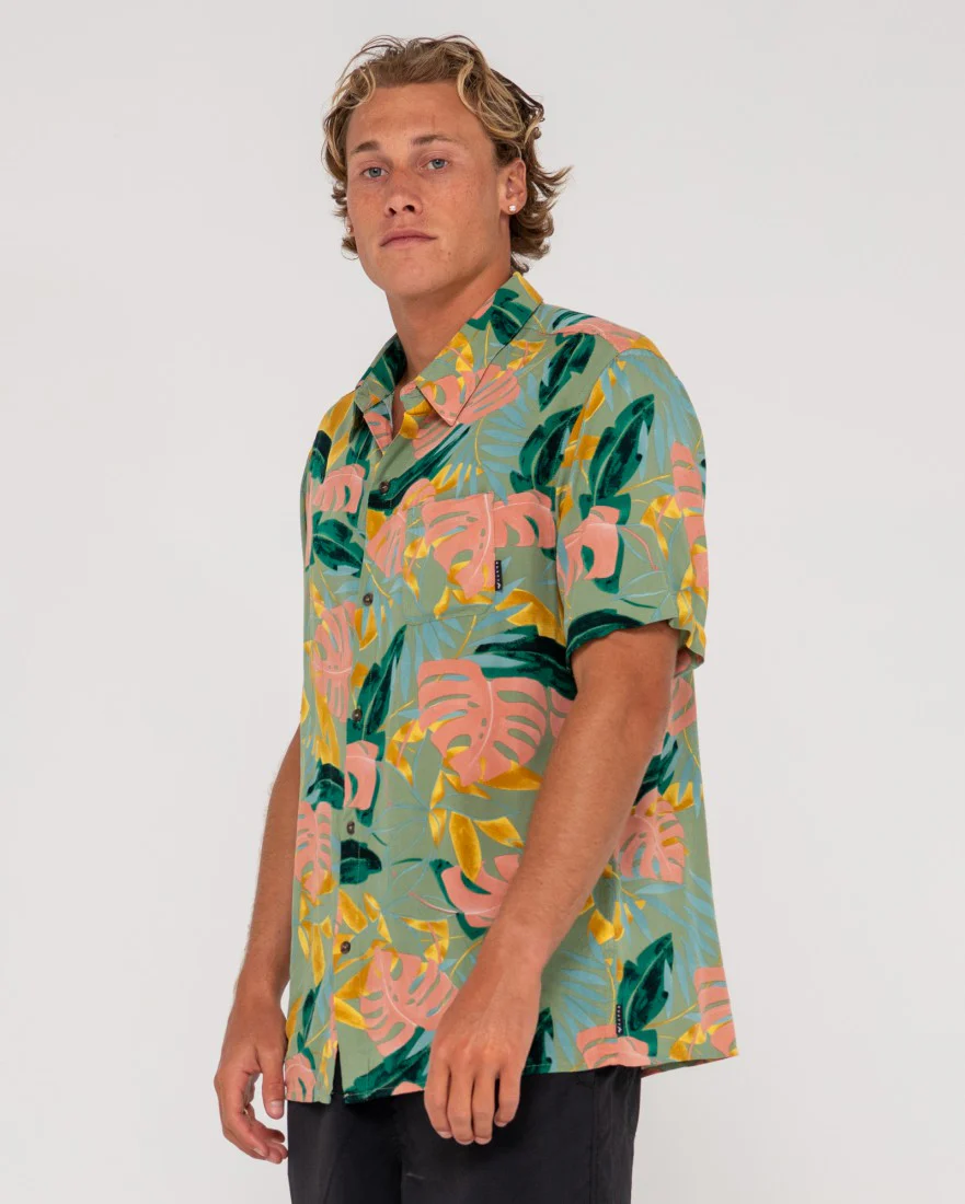 RUSTY Pastel Paradise Relaxed Fit Short Sleeve Shirt - Army Green - Image 3