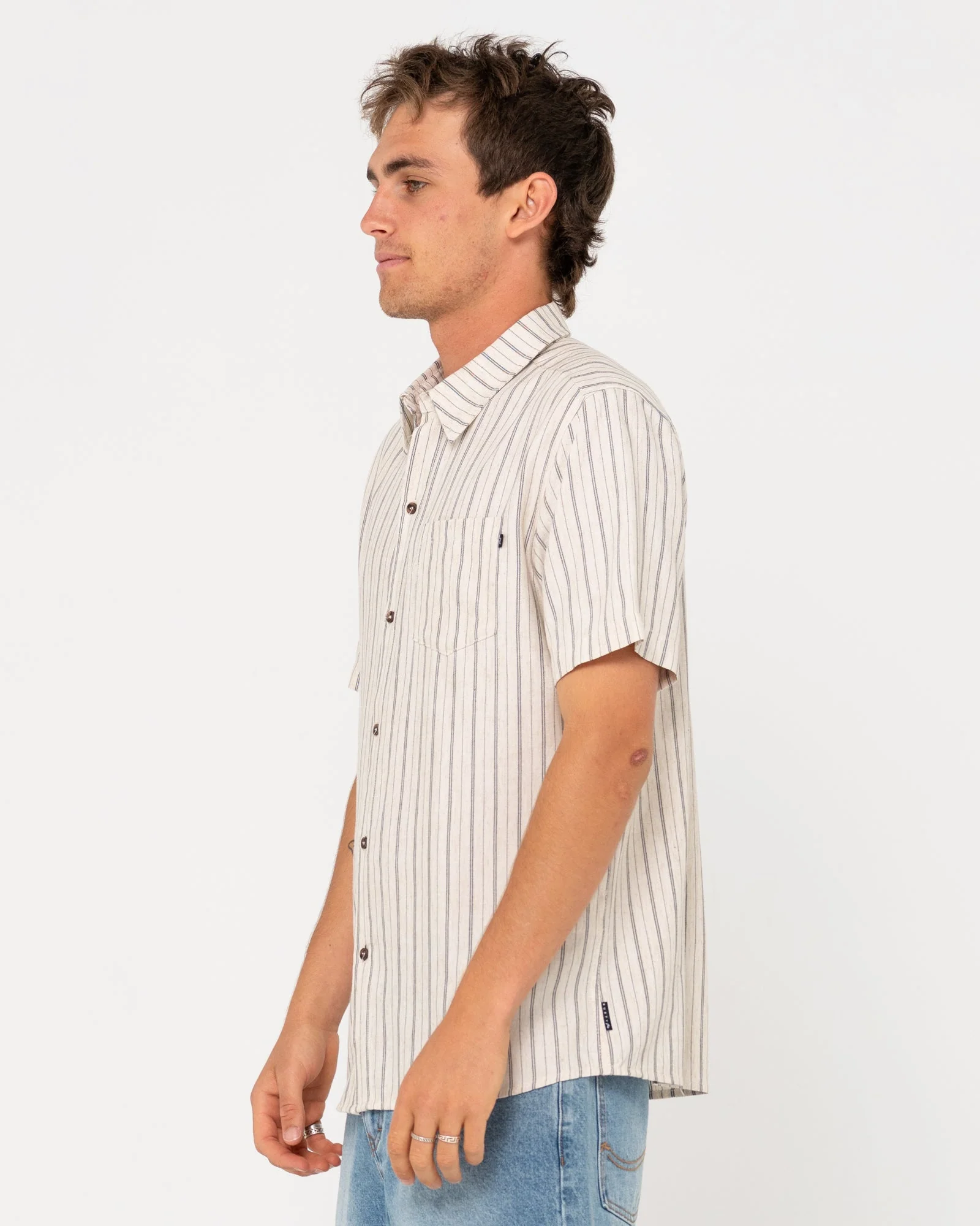 RUSTY Pinstripe Short Sleeve Shirt - White - Image 3