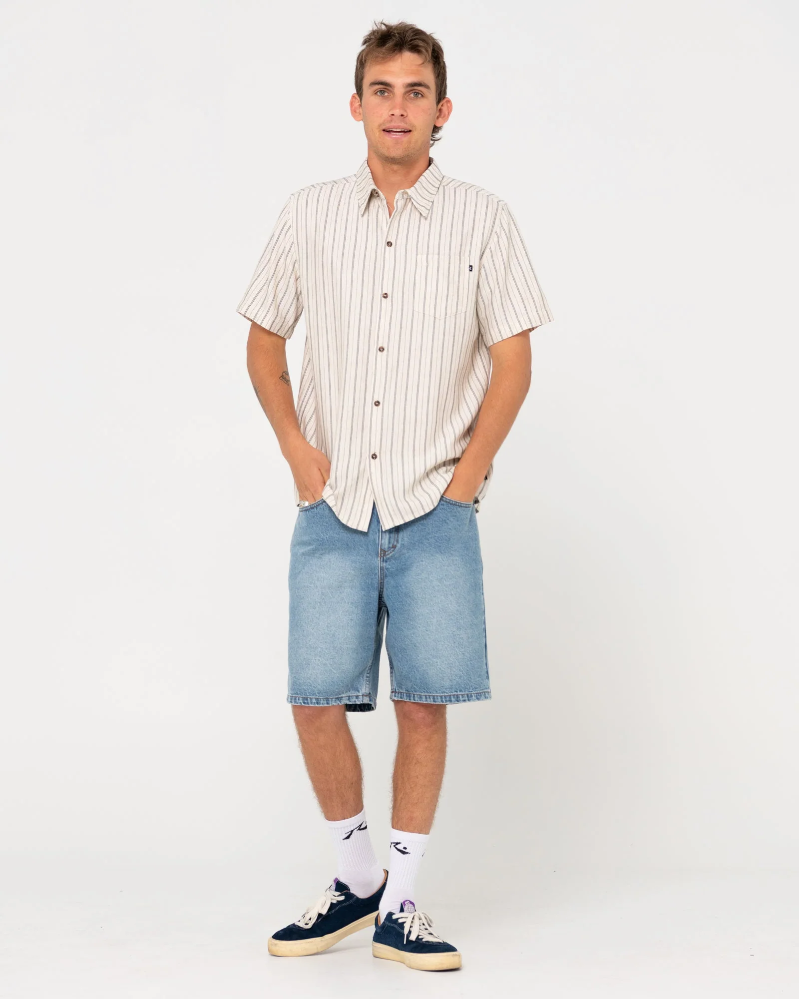 RUSTY Pinstripe Short Sleeve Shirt - White - Image 5