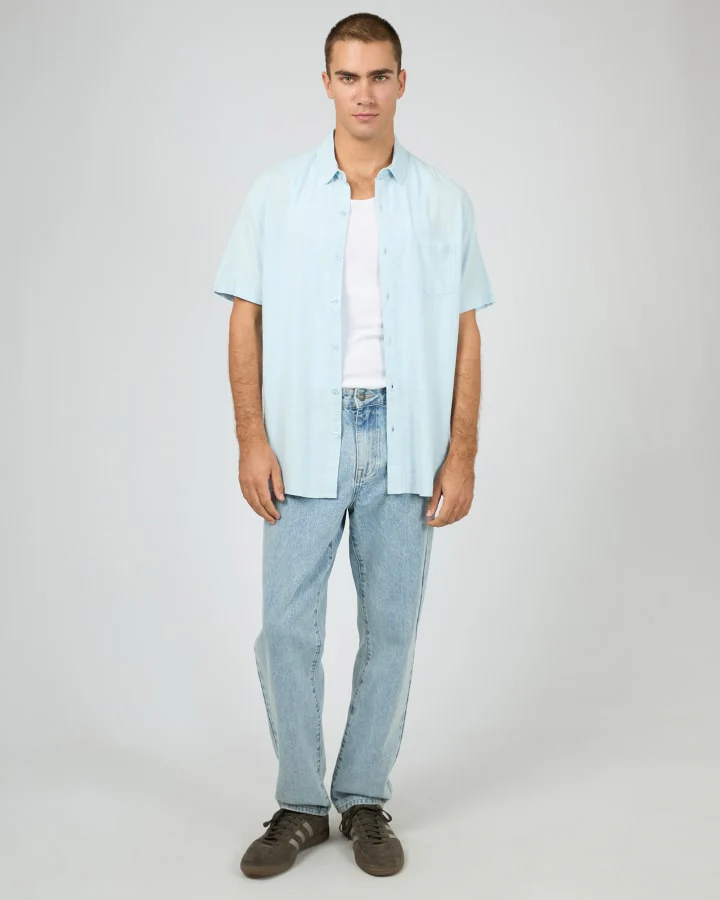 SILENT THEORY 40X0185 Textured Linen S/S Shirt - Pale Blue - Image 2