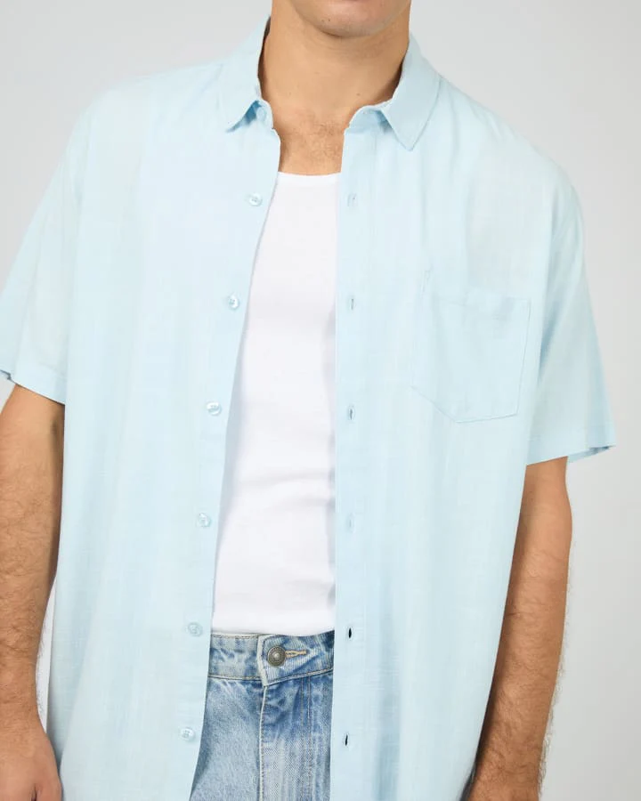 SILENT THEORY 40X0185 Textured Linen S/S Shirt - Pale Blue - Image 3