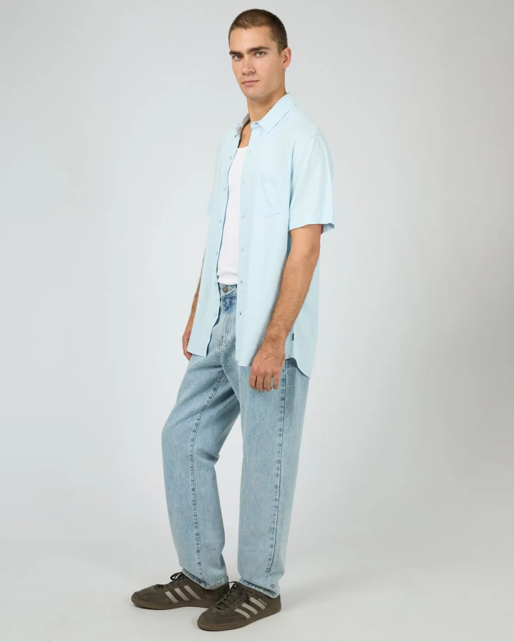 SILENT THEORY 40X0185 Textured Linen S/S Shirt - Pale Blue - Image 4