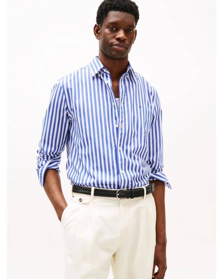 TOMMY HILFIGER MW0MW39159_0A5 Th Flex Regular Fit Stripe Shirt - Wedge Blue/OpWht - Image 3